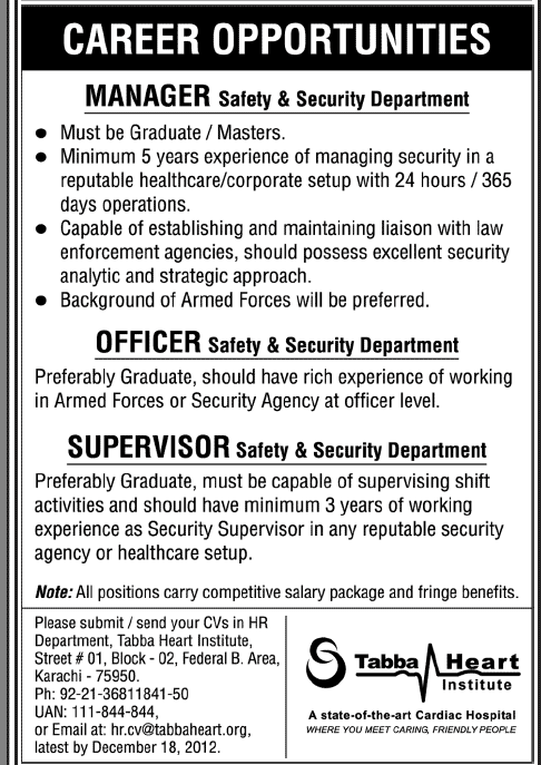 Tabba Heart Institute Requires Safety & Security Manager, Officer & Supervisor