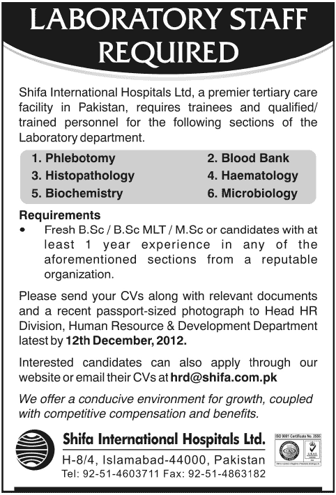 Shifa International Hospital Islamabad Jobs 2012 for Trained & Trainee Lab Staff