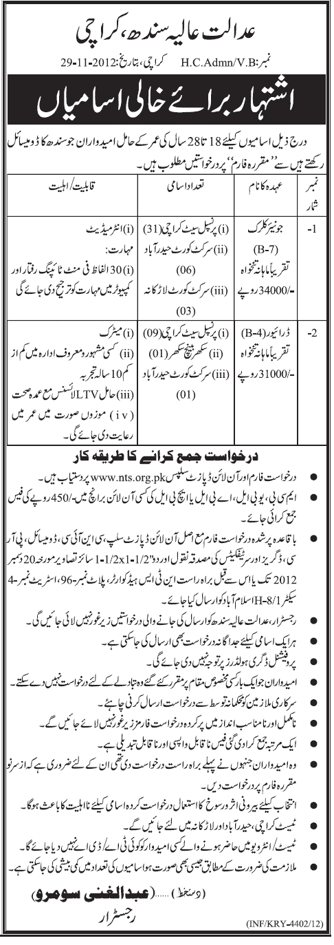 Sindh High Court Karachi Jobs 2012 for Clerks & Drivers