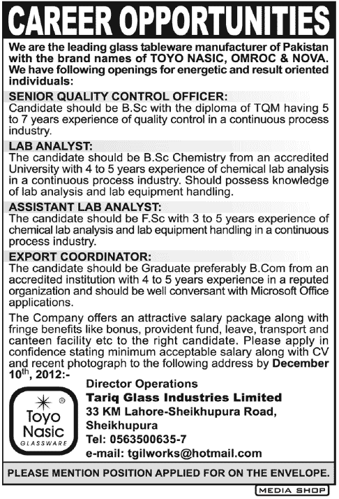 Tariq Glass Industries Limited Jobs 2012 December Toyo Nasic