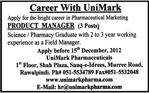 UniMark Pharmaceuticals Requires Product Manager