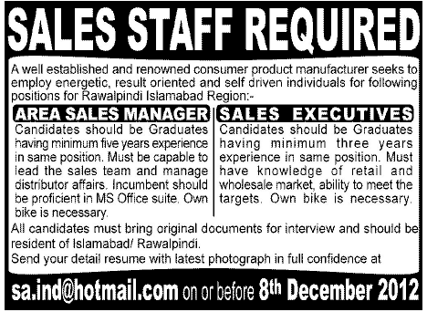 Area Sales Manager and Sales Executive Jobs