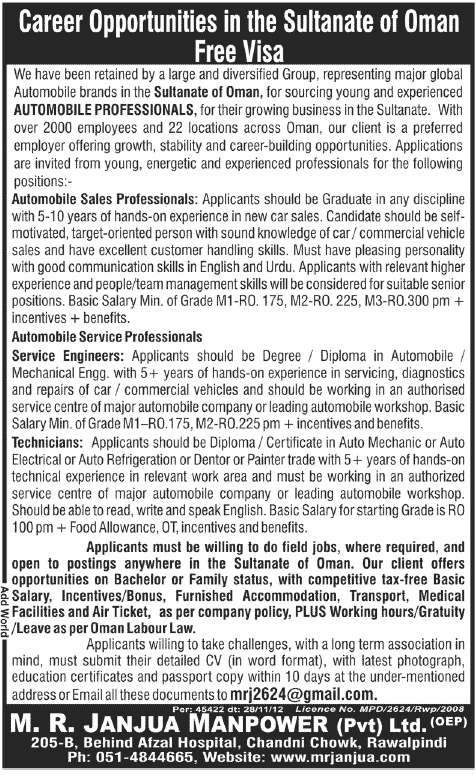 Jobs in Oman 2012 for Automobile Professionals through M. R. Janjua Manpower