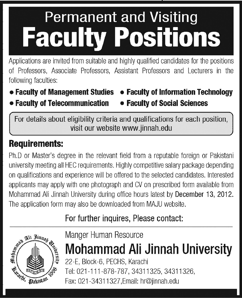 MAJU Needs Permanent & Visiting Faculty 2012