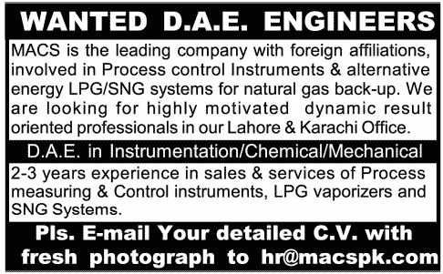 MACS Requires DAE in Instrumentation, Chemical & Mechanical