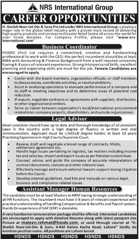 HSNDS (Pvt.) Ltd. / NRS International Group Jobs 2012