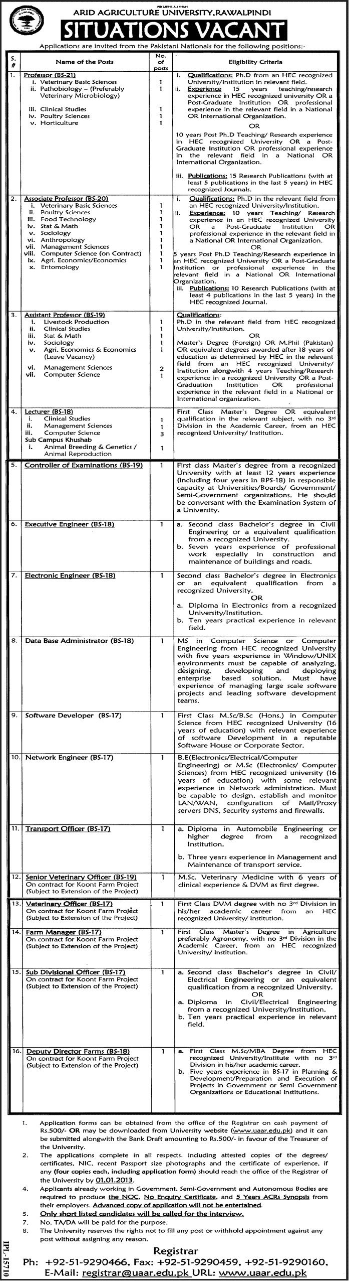 Arid Agriculture University Rawalpindi Jobs 2012 December UAAR Barani University