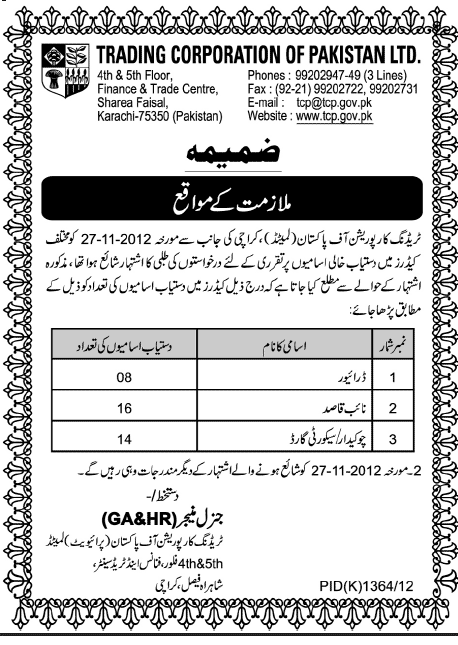 Jobs in Trading Corporation of Pakistan - Addendum