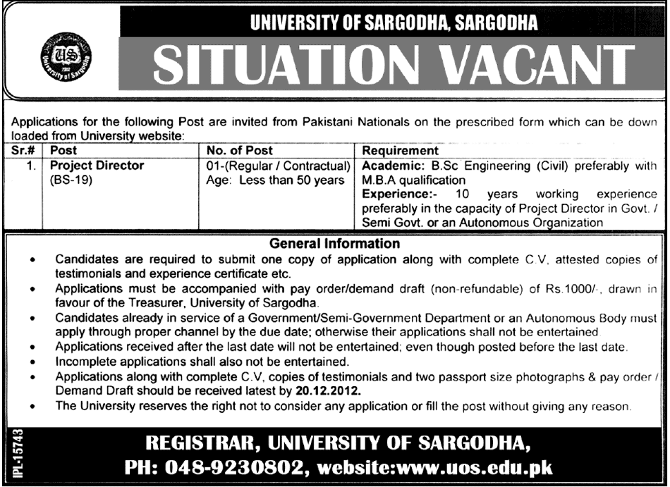 University of Sargodha (UoS) Job for Project Director
