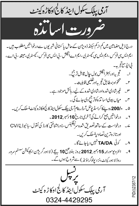 Army Public School & College Okara Cantt Jobs for Teachers