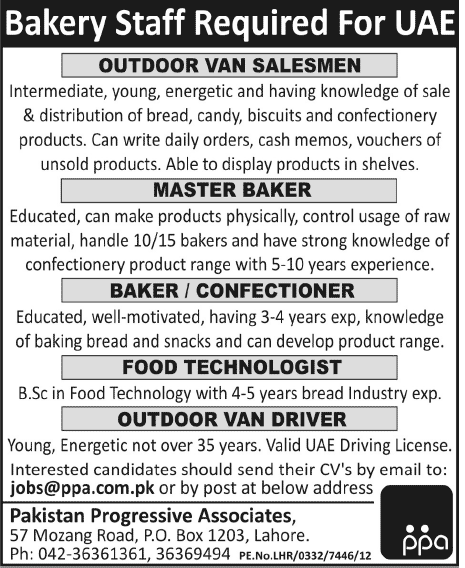 Jobs in UAE for Bakery Staff Through Pakistan Progressive Associates (PPA)