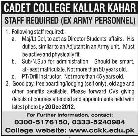 Cadet College Kallar Kahar Requires Ex. Army Personnel as Staff