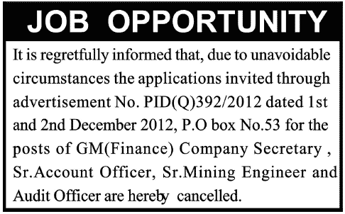 PO Box 53 Quetta Jobs 2012 in Government Organization - Applications Cancelled