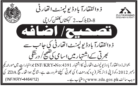 Zulfikarabad Development Authority Requires Deputy Director Procurement - Corrigendum / Addendum