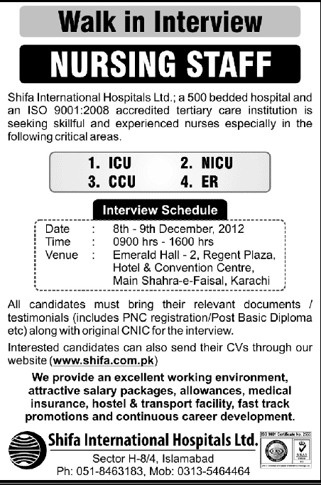 Shifa International Hospitals Walk in Interviews at Karachi for Nursing Staff