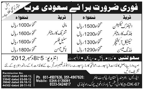 Jobs in Saudi Arabia 2012 for Construction Workers through Hunarmand Pakistan Trade Test Center