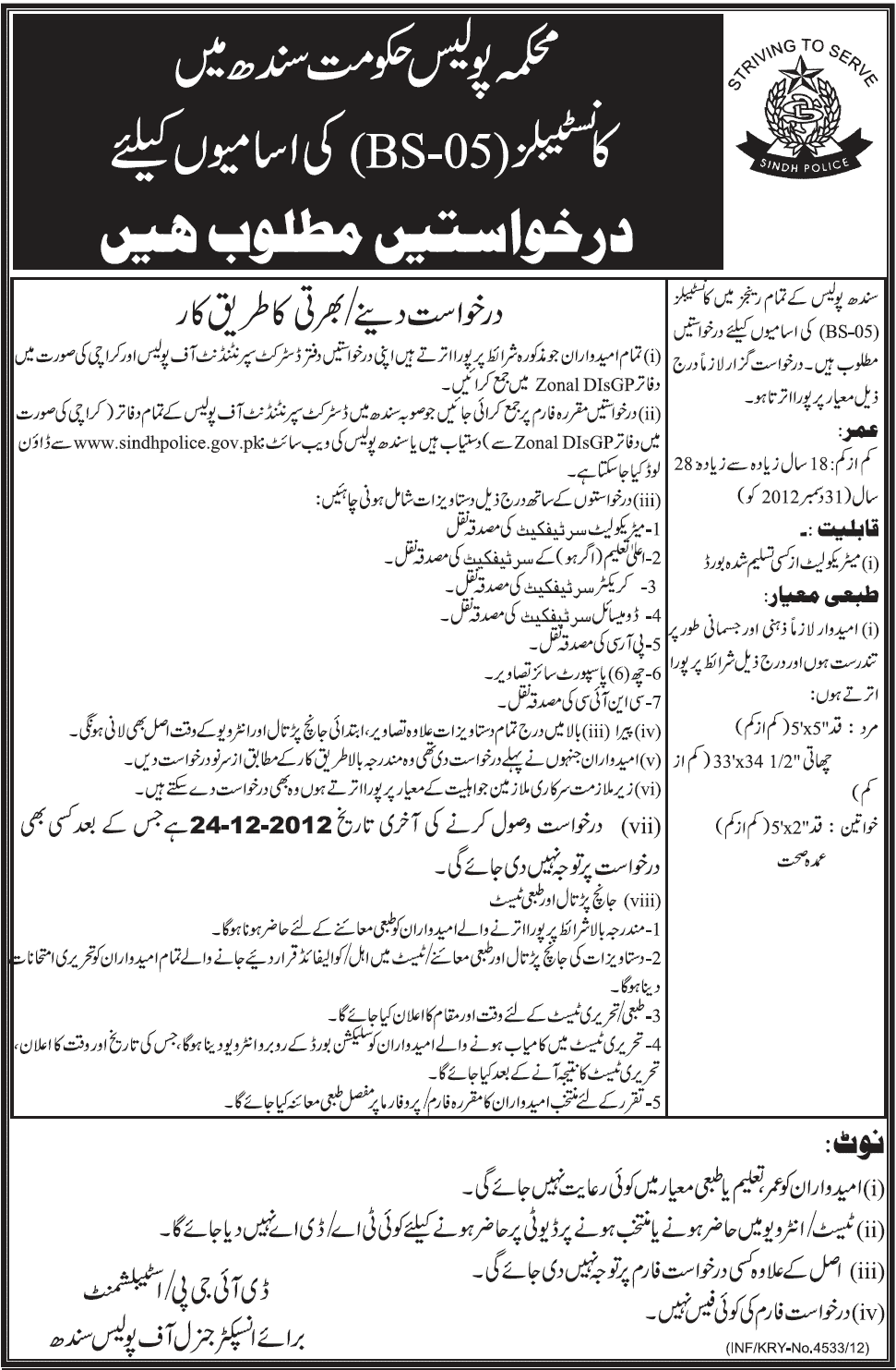 Sindh Police Constable Jobs 2012 PC www.sindhpolice.gov.pk