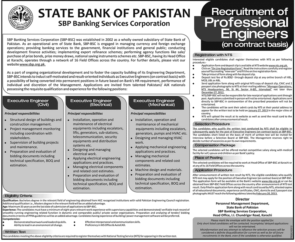 State Bank of Pakistan Jobs December 2012 for Executive Engineers Civil / Electrical / Mechanical