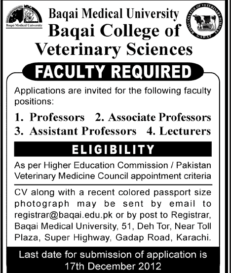 Baqai College of Veterinary Sciences Requires Faculty Baqai Medical University