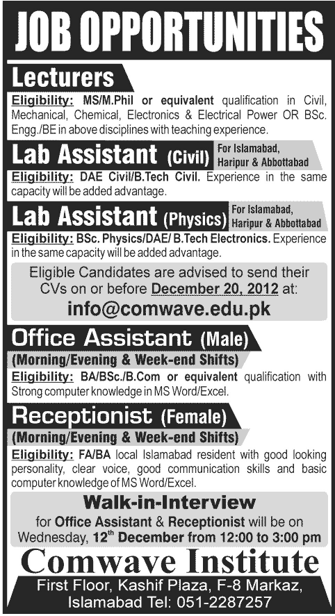 Comwave Institute Requires Lecturers, Lab Assistants & Receptionist