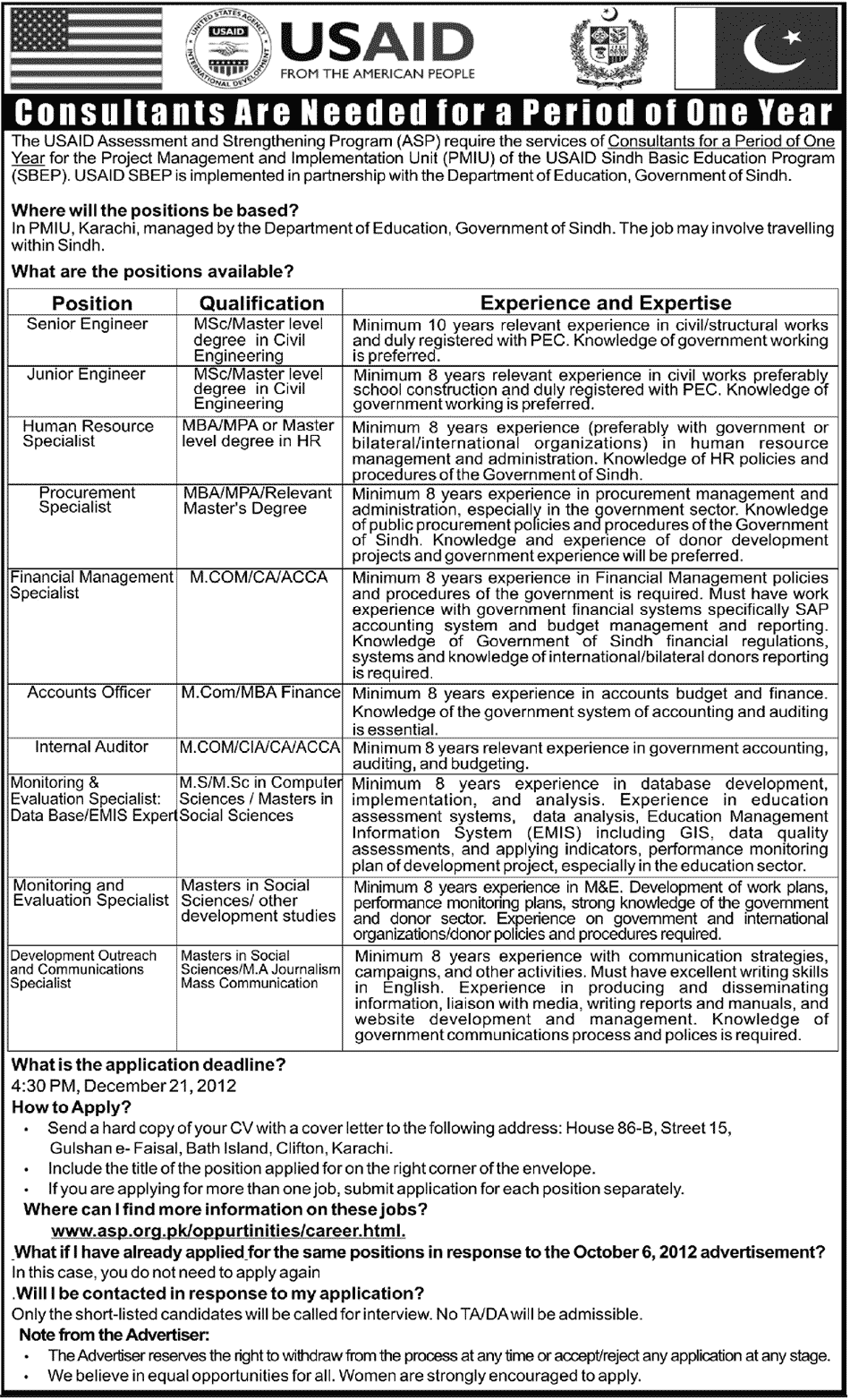 USAID Pakistan Jobs 2012 under ASP PMIU USAID Sindh Basic Education Program (SBEP)