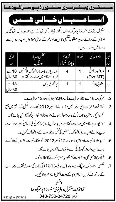 Central Veterinary Stores Depot Sargodha Jobs