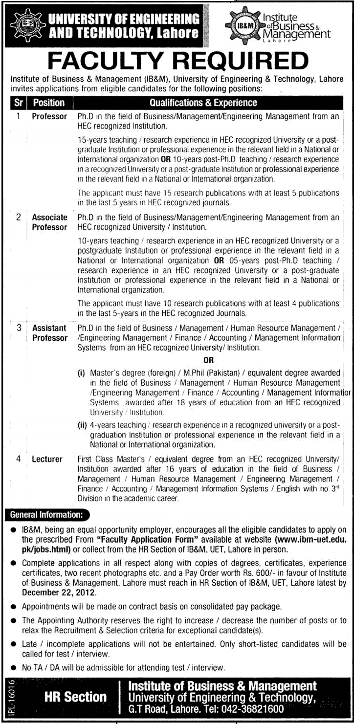 IBM UET Lahore Jobs 2012 For Professors & Lecturers