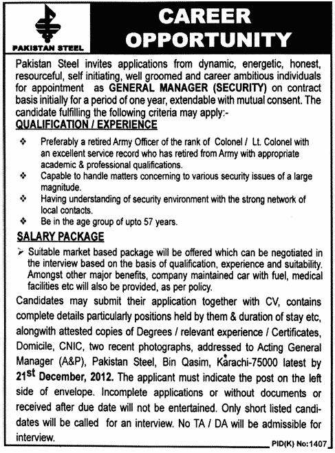 Pakistan Steel Job 2012 for General Manager Security