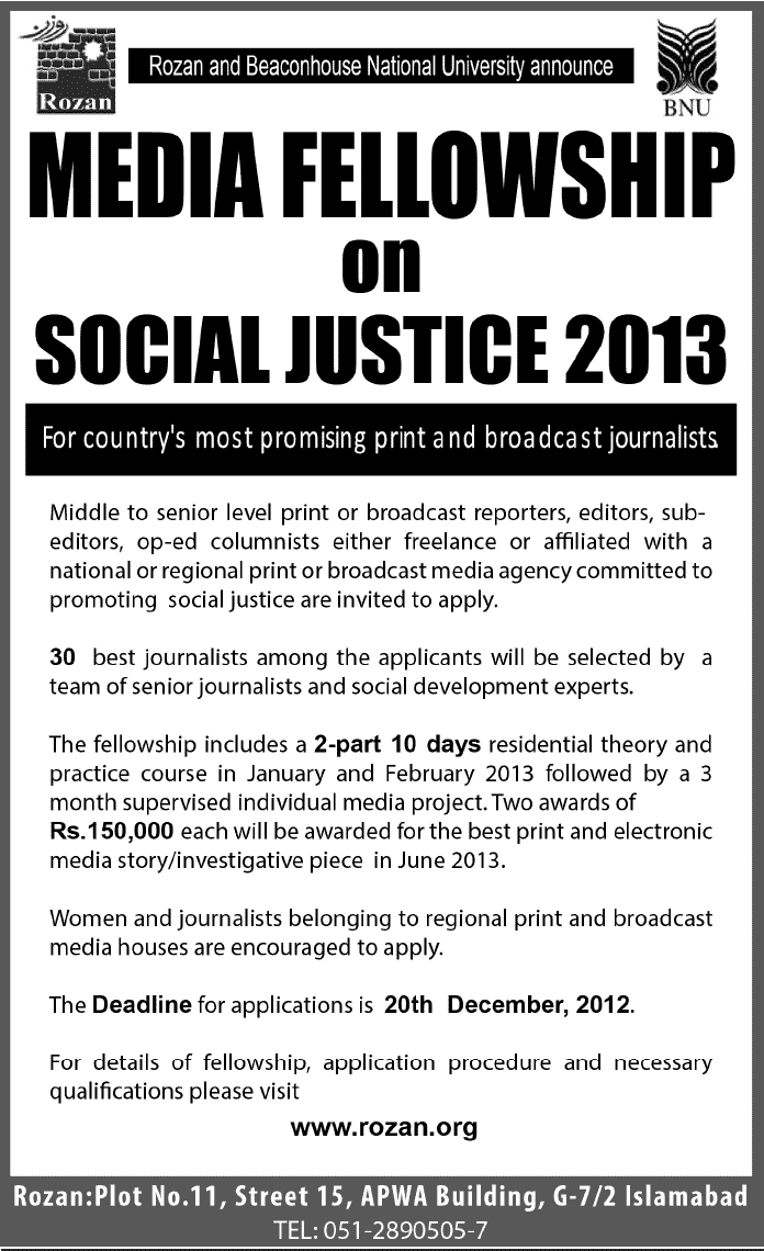 Media Fellowship on Social Justice 2013 by Rozan & Beaconhouse National University (BNU)