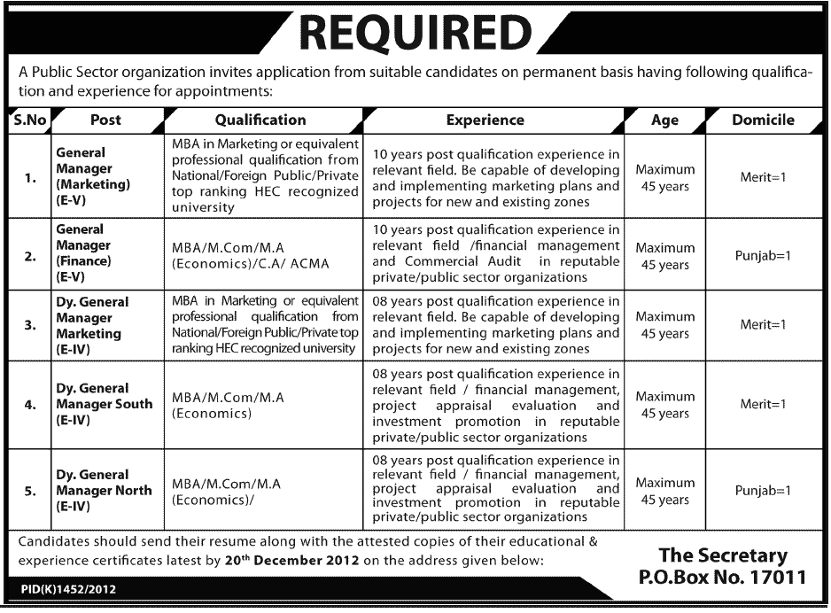 PO Box 17011 Karachi Jobs in a Public Sector Organization for GM & Dy. GM