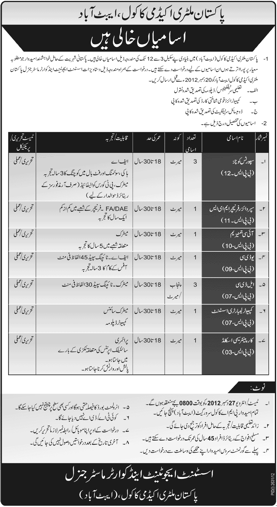 PMA Kakul Jobs 2012 for UDC, LDC, Sports Coaches, Supervisors, Lab Assistants & Carpenters