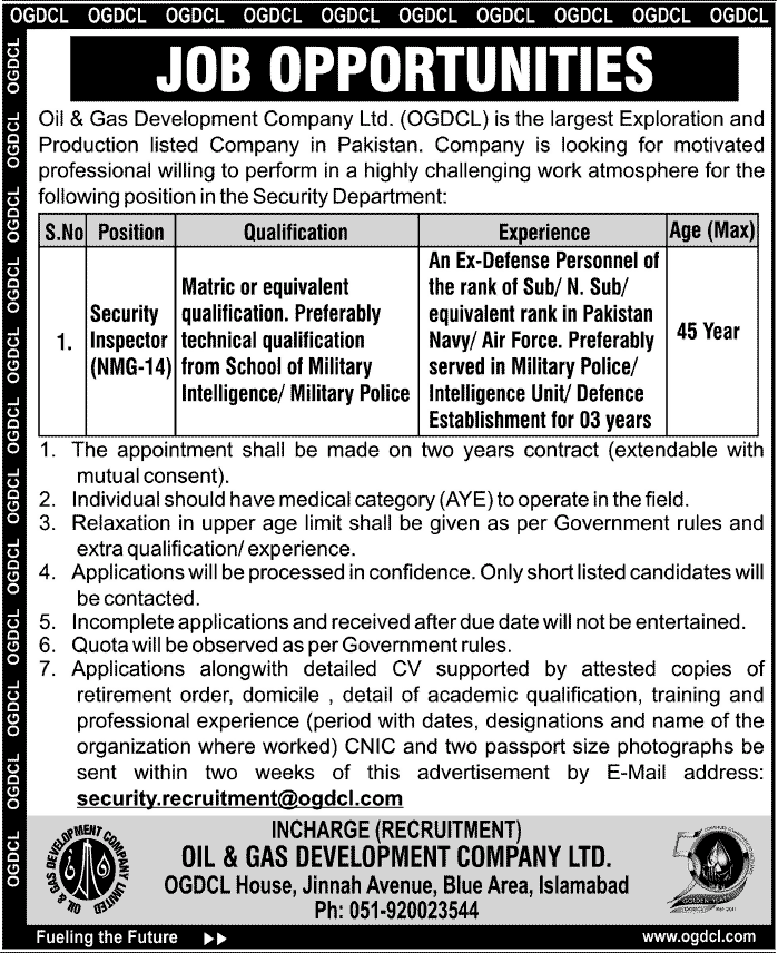 Security Inspector Vacancy at OGDCL