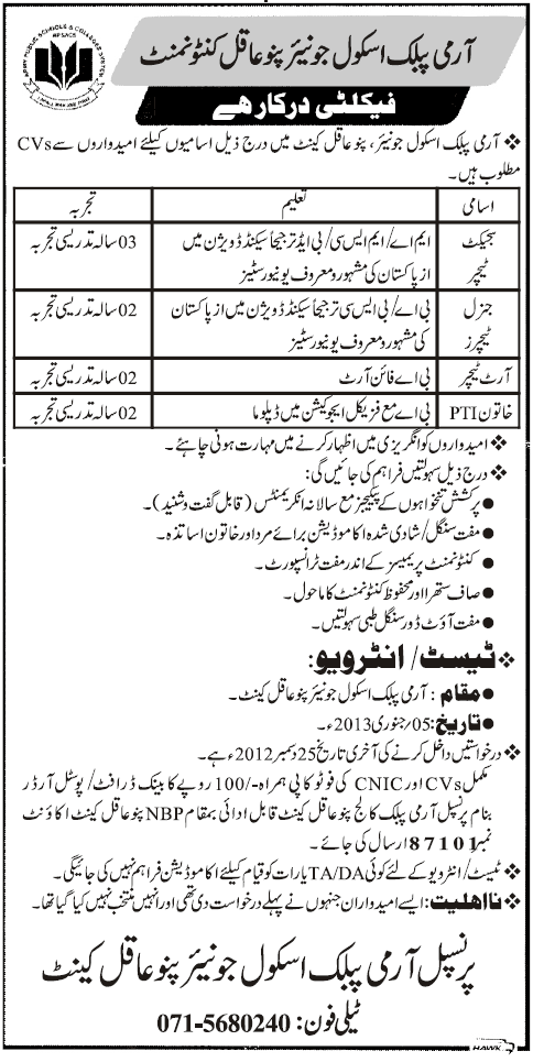 Army Public School Junior Pano Aqil Cantt Jobs for Teachers