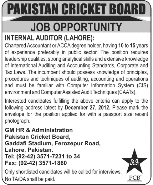 Pakistan Cricket Board PCB Job 2012 for Internal Auditor