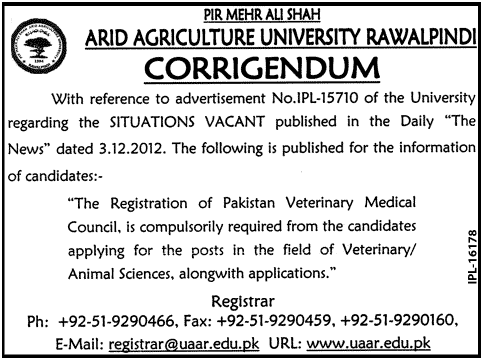 Corrigendum - Arid Agriculture University Rawalpindi Jobs 2012
