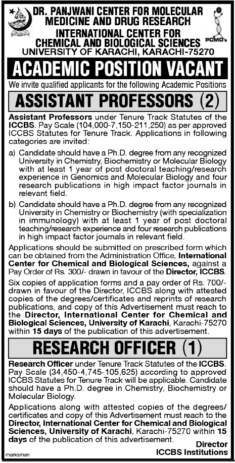 Assistant Professors & Research Officer Jobs at PCMB ICCBS University of Karachi