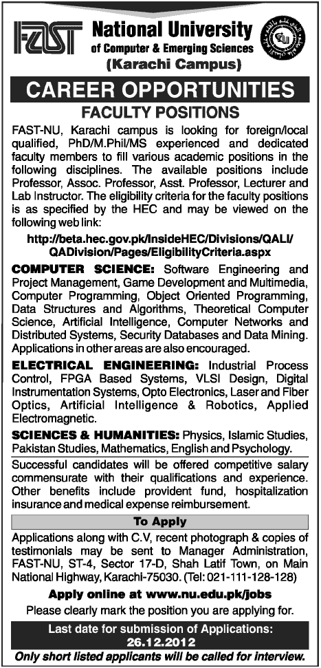 FAST University Karachi Jobs 2012 for Teaching Faculty (National University)