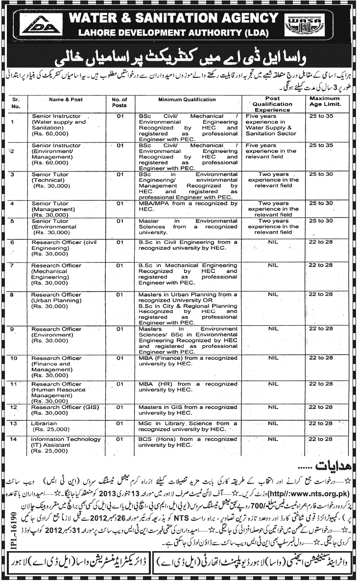 WASA Lahore Jobs 2012 LDA