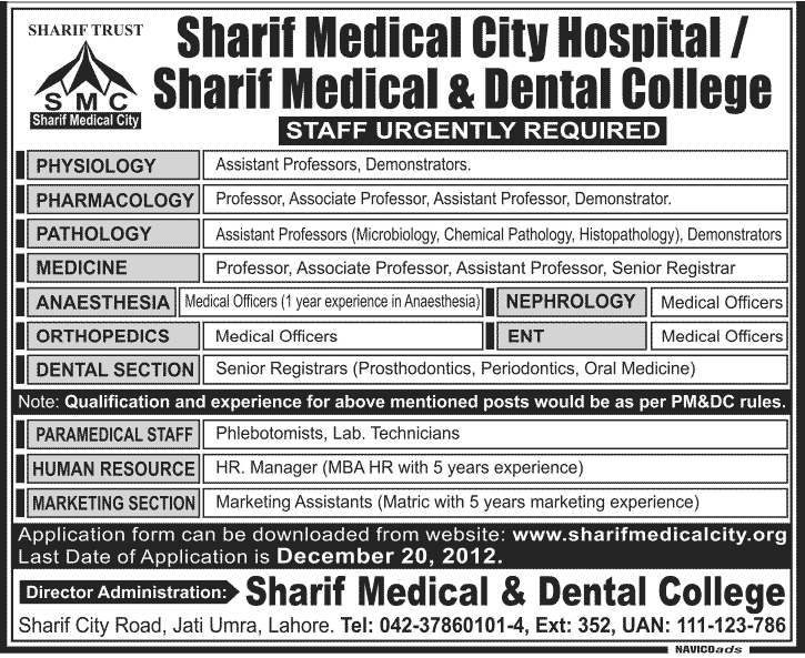 Sharif Medical & Dental College, Sharif Medical City Hospital Jobs 2012 Faculty & Staff