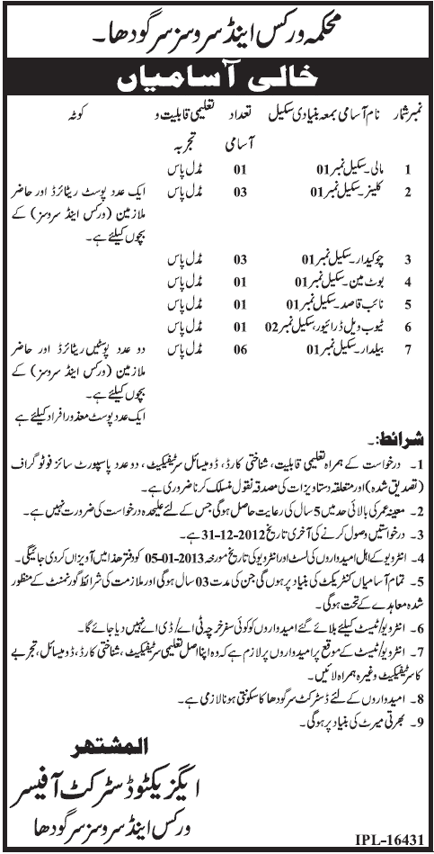 Works & Services Department Sargodha Jobs 2012