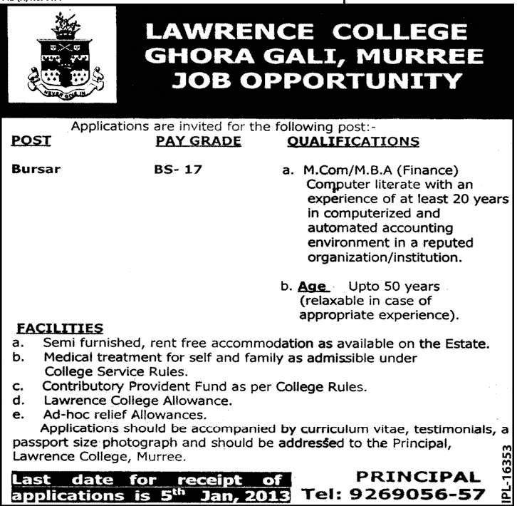 Lawrence College Ghora Gali Requires Bursar