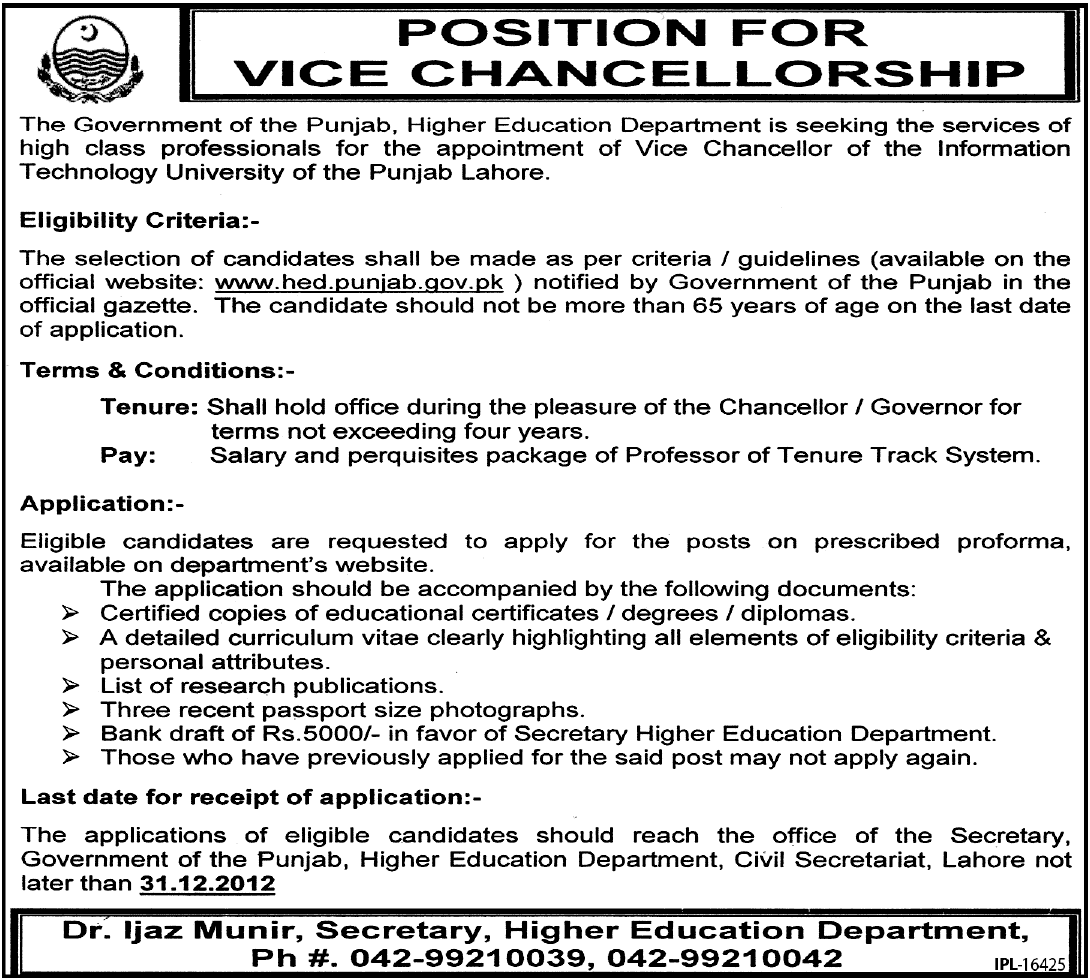 Information Technology University of Punjab at Lahore Needs Vice Chancellor