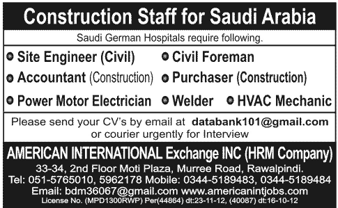 Construction Staff Jobs in Saudi Arabia 2012 through American International Exchange Inc. (HRM Company)
