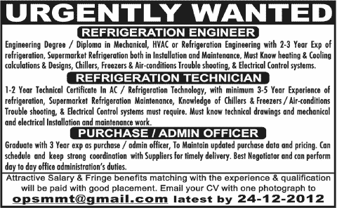 Refrigeration Engineer, Refrigeration Technician & Purchase / Admin Officer Jobs