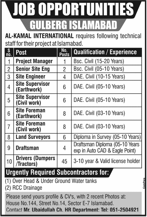 Civil Engineers & Other Construction Staff Jobs at Al-Kamal International