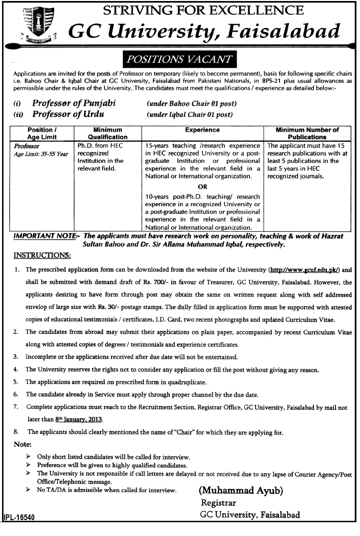 GC University Faisalabad Jobs 2012 for Professors of Punjabi & Urdu