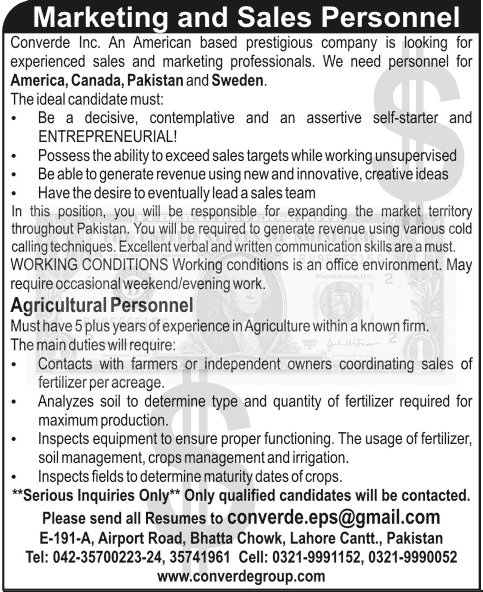 Converde Inc. (a Fertilizer Company) Needs Sales & Marketing Professionals and Agricultural Personnel