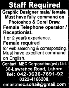 MEC Corporation (Pvt.) Ltd. Requires Graphic Designer, Receptionist & Office Assistant
