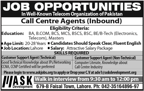 Call Center Agents Jobs 2012-2013 in a Telecom Organization through ASK Development