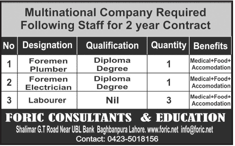 Plumber / Electrician Foremen & Labourer Jobs in a Multinational Company through Foric Consultants & Education